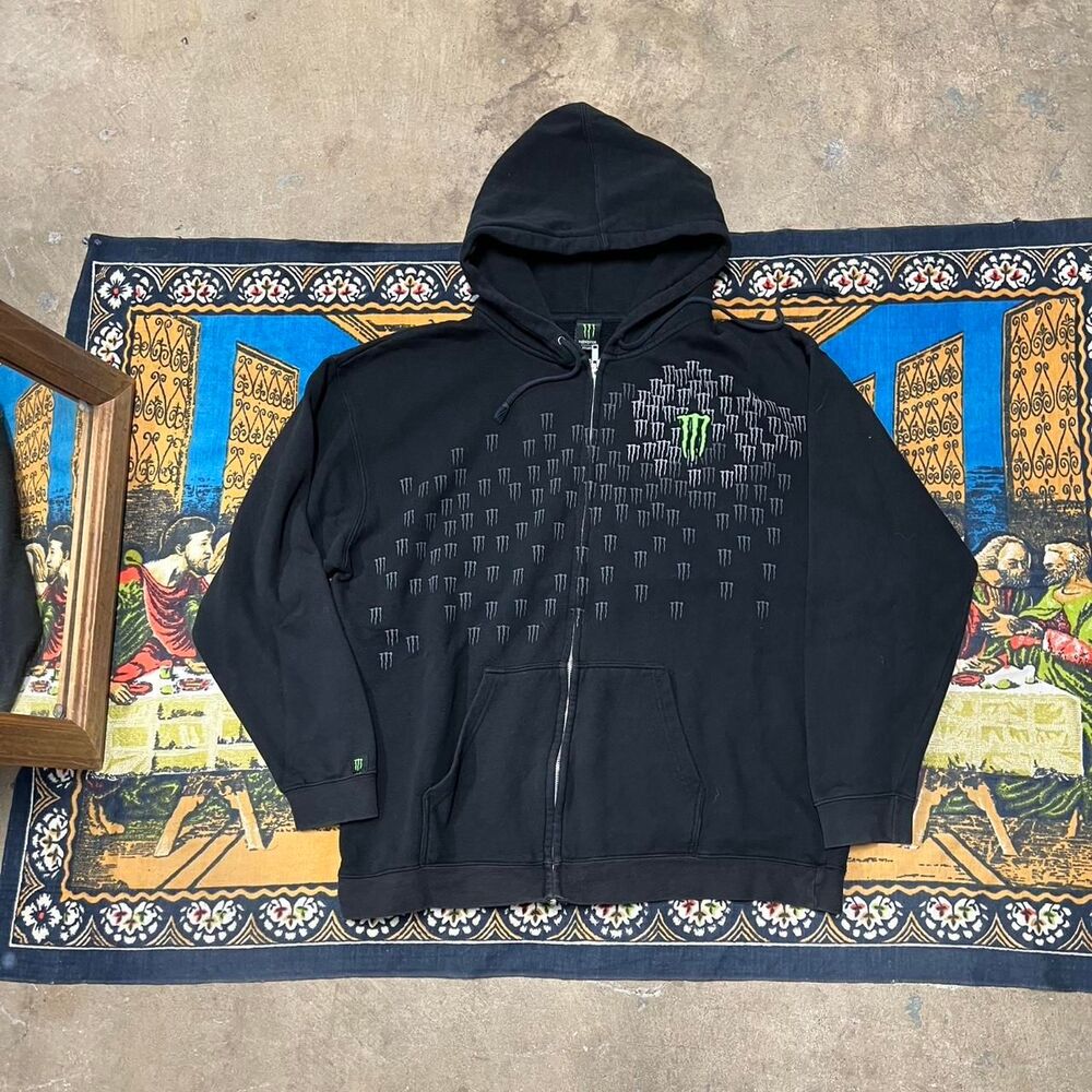 Monster energy black zip up hoodie Size XXL skater y2k embroidered fox racing